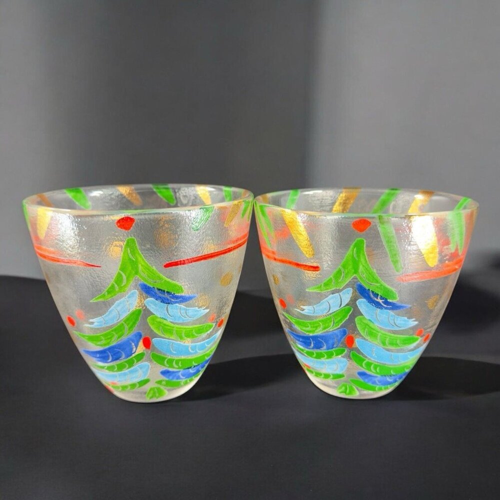 SI AN Italian Hand Painted Glass Bowl Dish Christmas Holiday 24k Gold VTG Set 2 - Picture 2 of 13